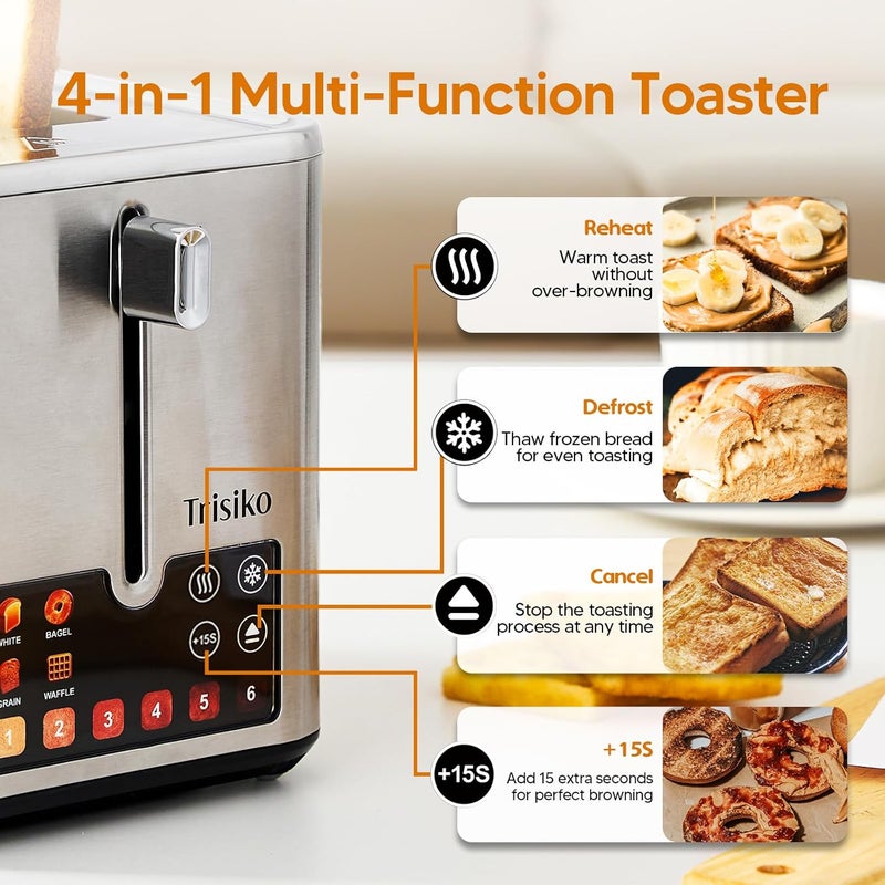 Trisiko ® Touch Screen Toaster 2 Slice, Stainless Steel Smart Toaster with Digital Timer, 1.38" Extra-Wide Slots for Bread& Bagel,with Reheat, Defrost, Cancel, +15s Boost, Great for Home, Office, Dorm - Image 5